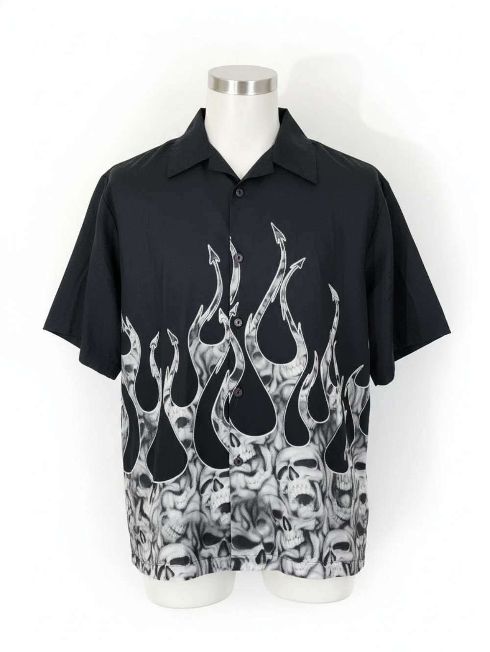 Slikster Vintage Tribal Flame Skull Shirt Button-Up Shortsleeve Size Large Black